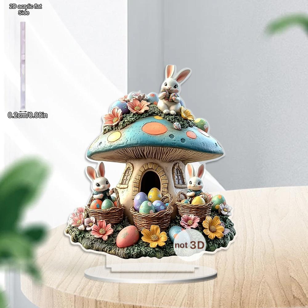 2D Flat, Easter Cute Rabbit Mushroom House Acrylic Desktop Decoration, with Base, Suitable for wall decoration, porch, room, villa, accents Home, Hall