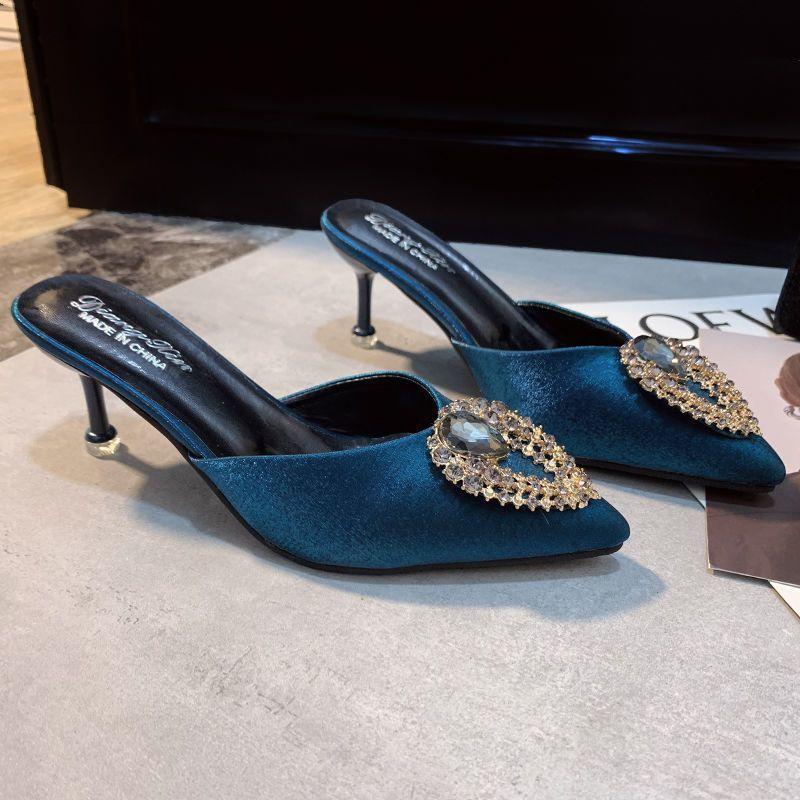 Pointed high heels thin heels women's sandals 2025 spring and summer new sexy rhinestone fashion bag head half slippers women