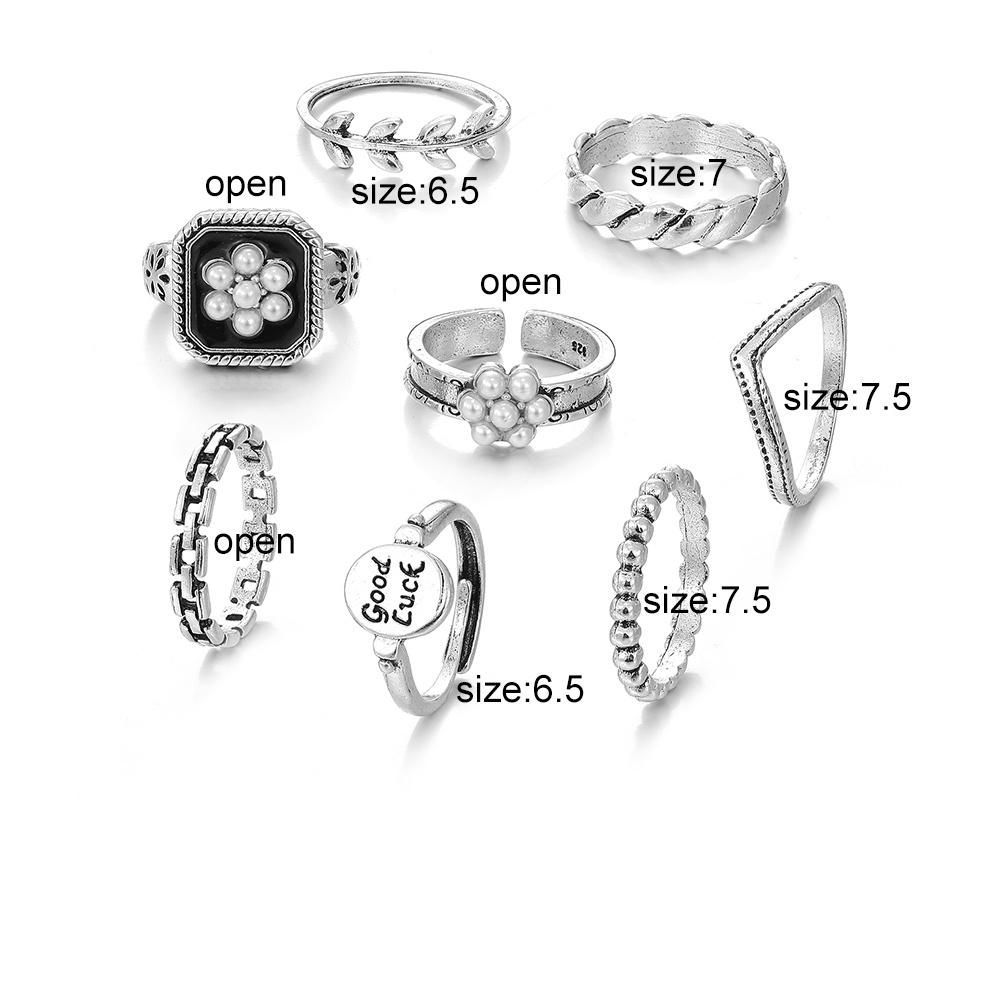 8PCS Vintage Geometric Metal Rings Set Engraved Letters Good Luck Women Trendy Jewelry
