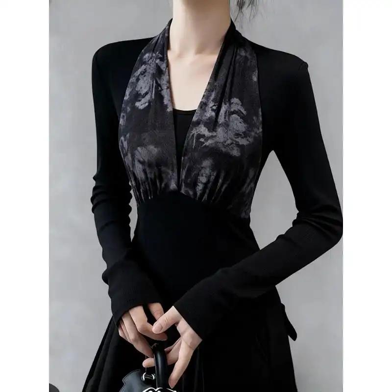 Retro Splicing V-neck Bottoming Shirt T-shirt for Women to Wear Autumn Winter Waist Slim Long-sleeved Top