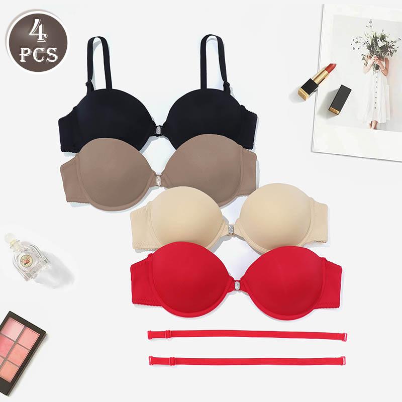 

4 шт., женские бюстгальтеры с пряжкой спереди, простой однотонный бесшовный бюстгальтер без бретелек, женское белье с половиной чашки и проволочной чашкой BC 75C разноцветный