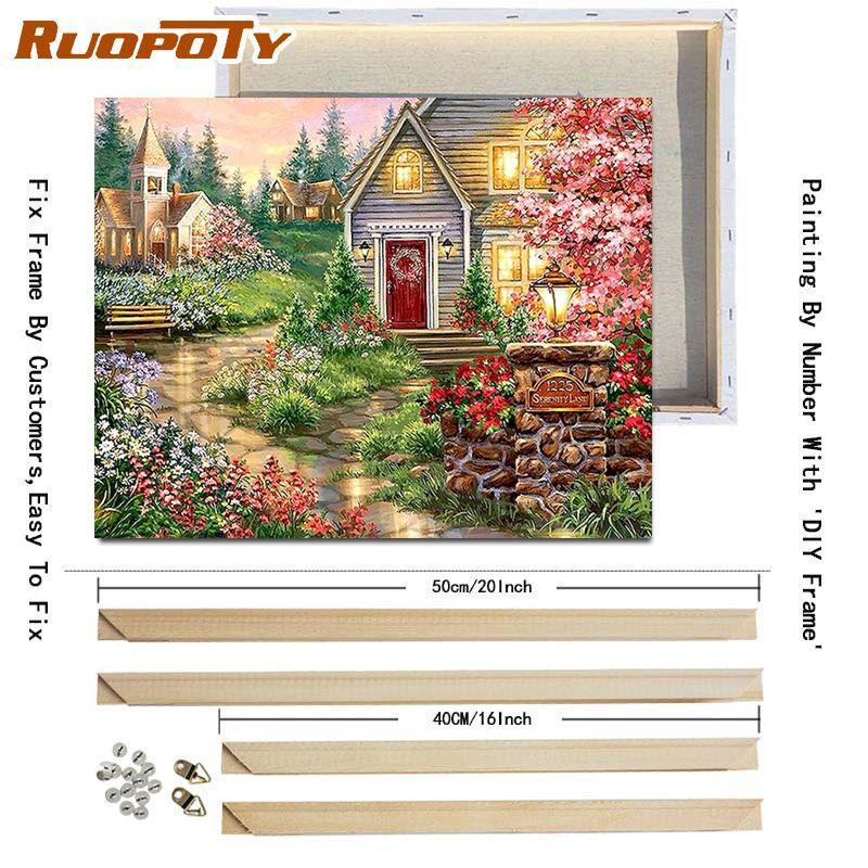 RUOPOTY Olejomalba podle čísel Zahrada Ručně malovaná olejomalba Jedinečný dárek Malování podle čísel Dům pro dospělé Domácí dekorace