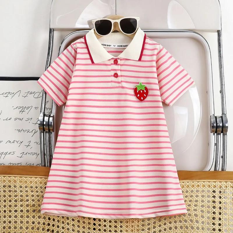 Children's Dress Girls' Summer Korean Edition Striped Strawberry Lapel Casual Dresses