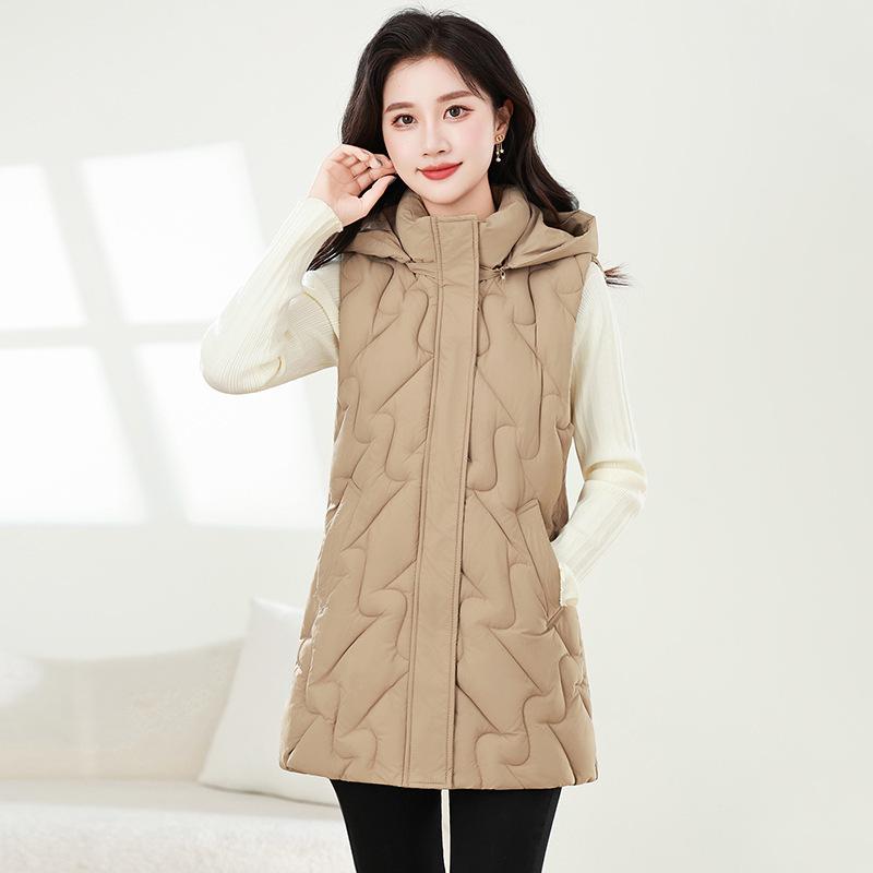 Medium and long down cotton live hat vest women's autumn and winter new fashion thickened vest slim vest jacket