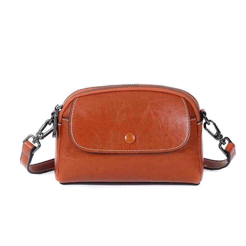 

Summer Genuine Split Oil Wax Cowhide Leather Women s Small Phe Bag Soft Casual Luxury Brand Crossbody Bag Travel Accessories 19x8x14cm коричневый