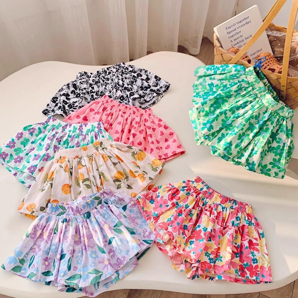 Summer Floral Print Shorts for Girls Pantskirt Kids Tutu Shorts Loose Leg Pants Girls Pleated Culotte Children Clothes