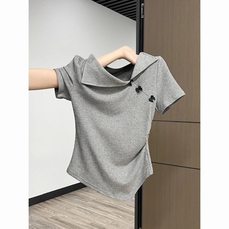 Summer Women s Elegant Diagonal Button Ruched Slim Fit Short Sleeve M