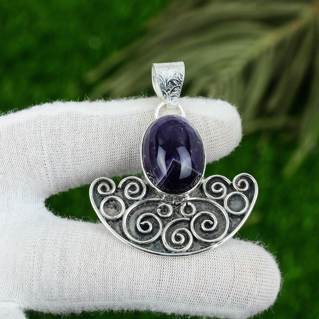 Sisters Day Sale Oval Chevron Amethyst Gemstone 925 Silver Bezel Pendant Jewelry