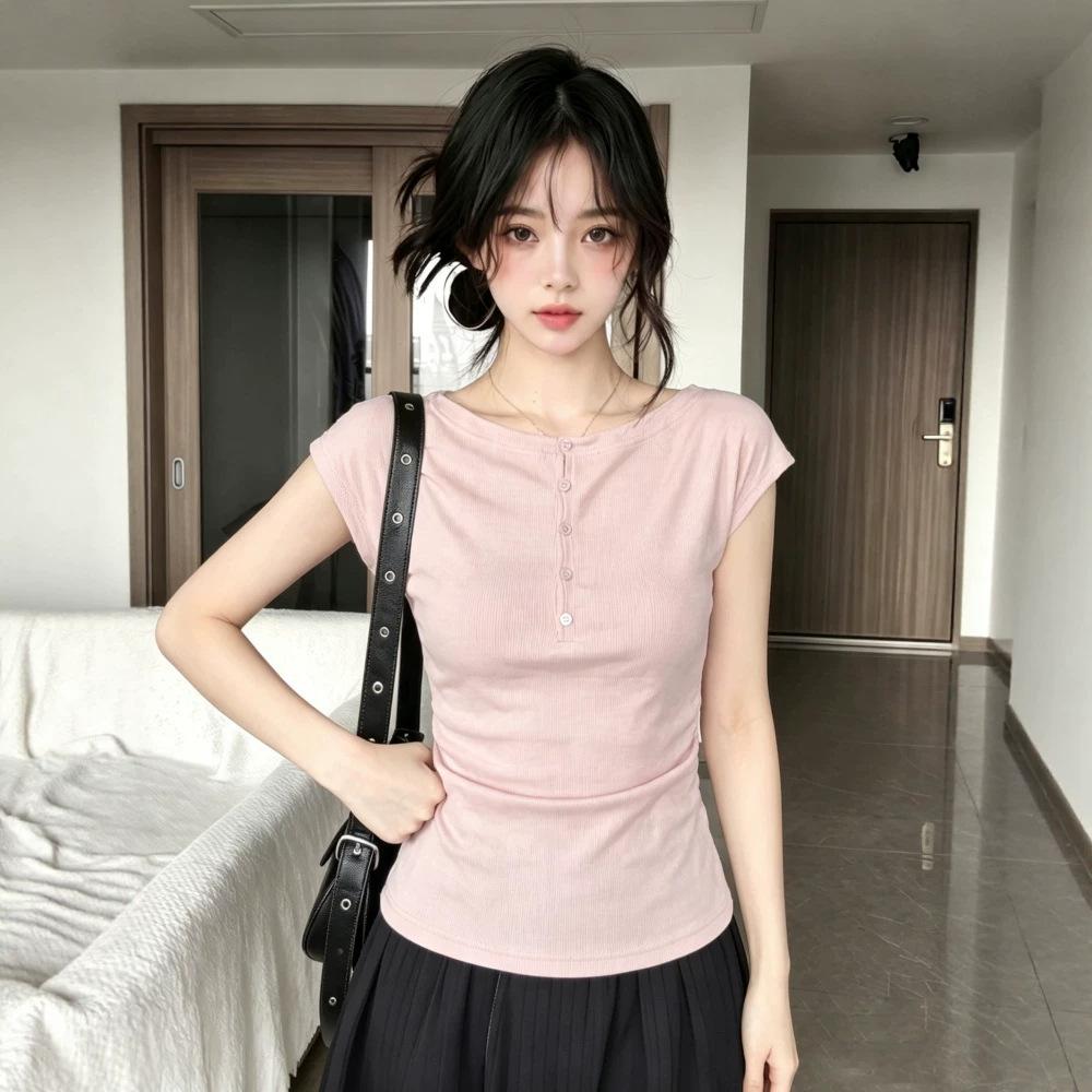 [Keren Cotton Modal] Spice Girl Style Button Short Sleeve T-Shirt Women's Summer Design Slim-fit Versatile Top