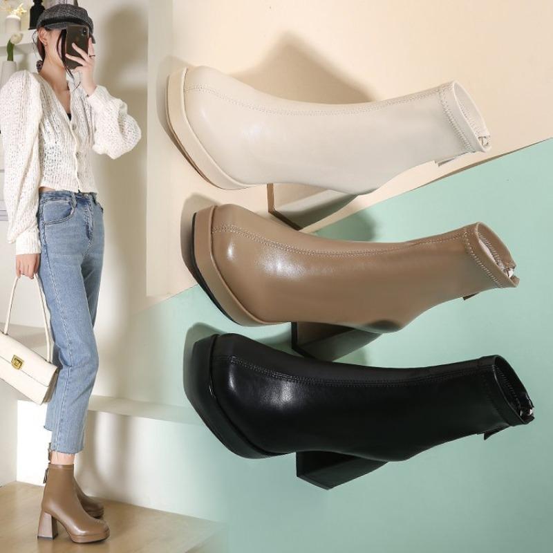 Fashion Luxury Women's Boots Fashion Summer Zippers Ankle Boots Square Heel Shoes for Women Anti-slip Thick Sole Leisure Commute Boots