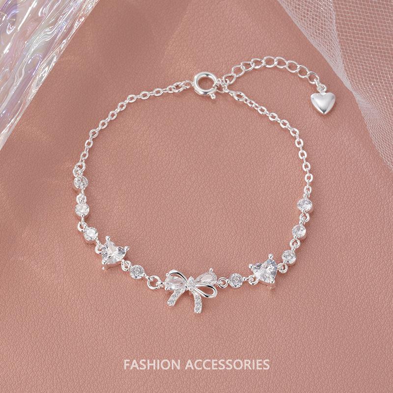 

Sweet Heart Pink Diamond Bow Bracelet, Light Luxury Minimalist Fashion Jewelry for Women, Ins Versatile Accessory