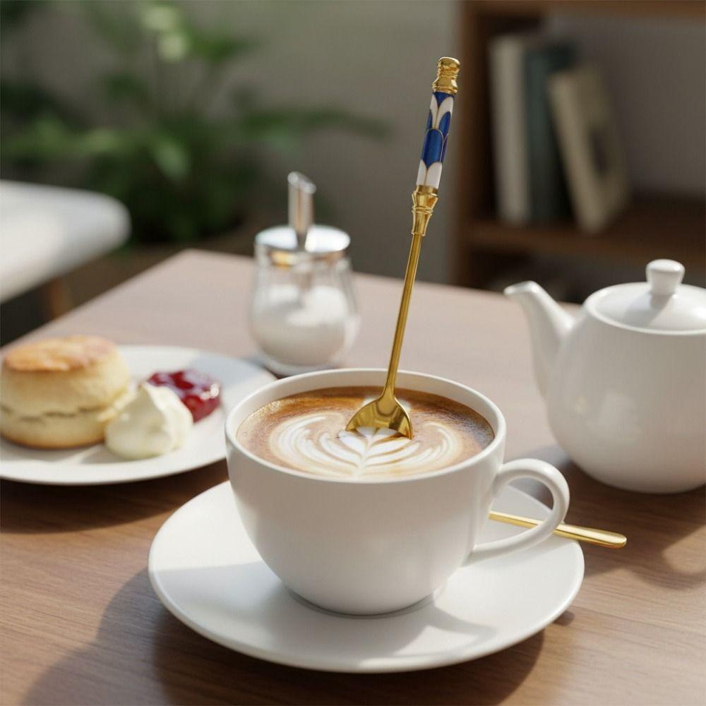 Ceramic Handle English Afternoon Tea Spoon Fork Gold-plated Fruit Forks Cake Spoon Fork  Pastry