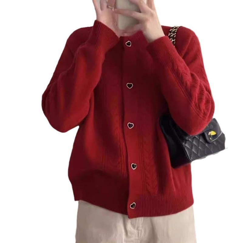 Autumn and winter new solid color versatile soft waxy love buckle knitted cardigan women's fashion sweater jacket