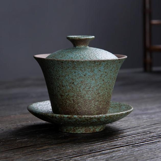 

1pcs Coarse Pottery Covered Bowl Chinese Tea Set High-end Retro Gilded Rust Glazed Tea Cup Gaiwan