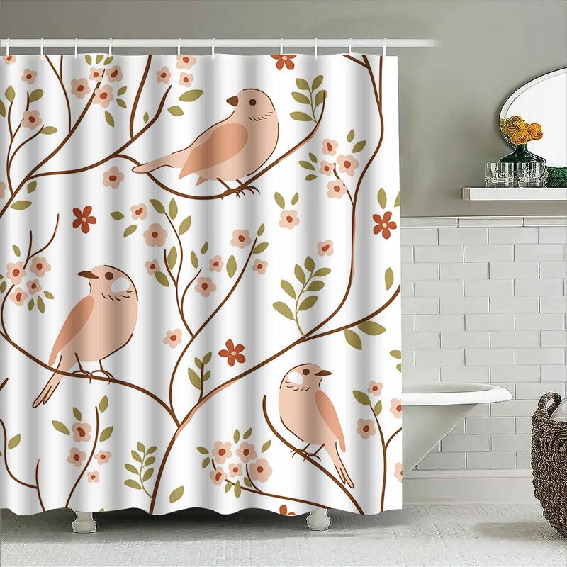 Modern Floral Birds Print Shower Curtain Pink Green Colorful Pattern for Bathroom Decorations Waterproof Polyester Fabric 6 Hook