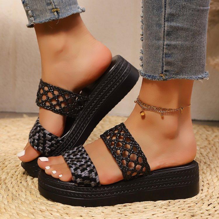 

Summer new thick-soled hollow mesh one-word cool slippers women s large-size wind muffin shoes 36 чёрный