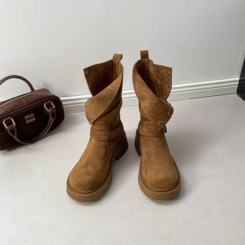 

Brown Martin boots women s 2025 new summer two-wear medium tube knight boots retro thick heel thick-soled matte short boots women 35 коричневый