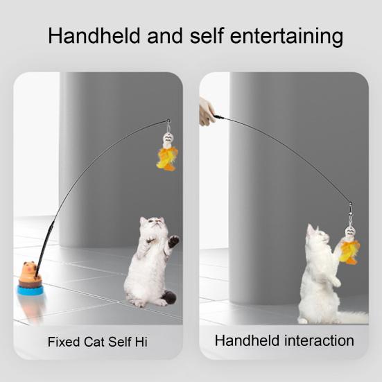 Interactive Cat Teaser Wand Cat Toy with Interchangeable Feathered Teaser Heads 360-Degree Rotating Capybara Base Flexible Cat Wand