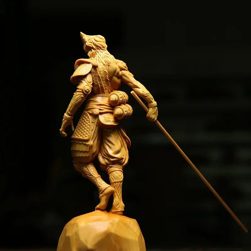 C666 Naturligt massivt trä Battle Buddha Apguden Sun Wukong Figur Staty Mytisk Apa Hem Rum Kontor Feng Shui Staty