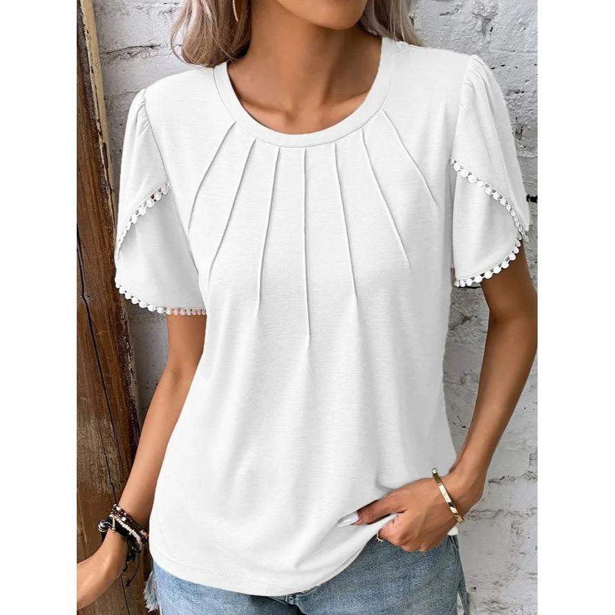Summer Women's Round Neck Solid Color Pleated Short-sleeved Lace Casual T-shirt Shirt