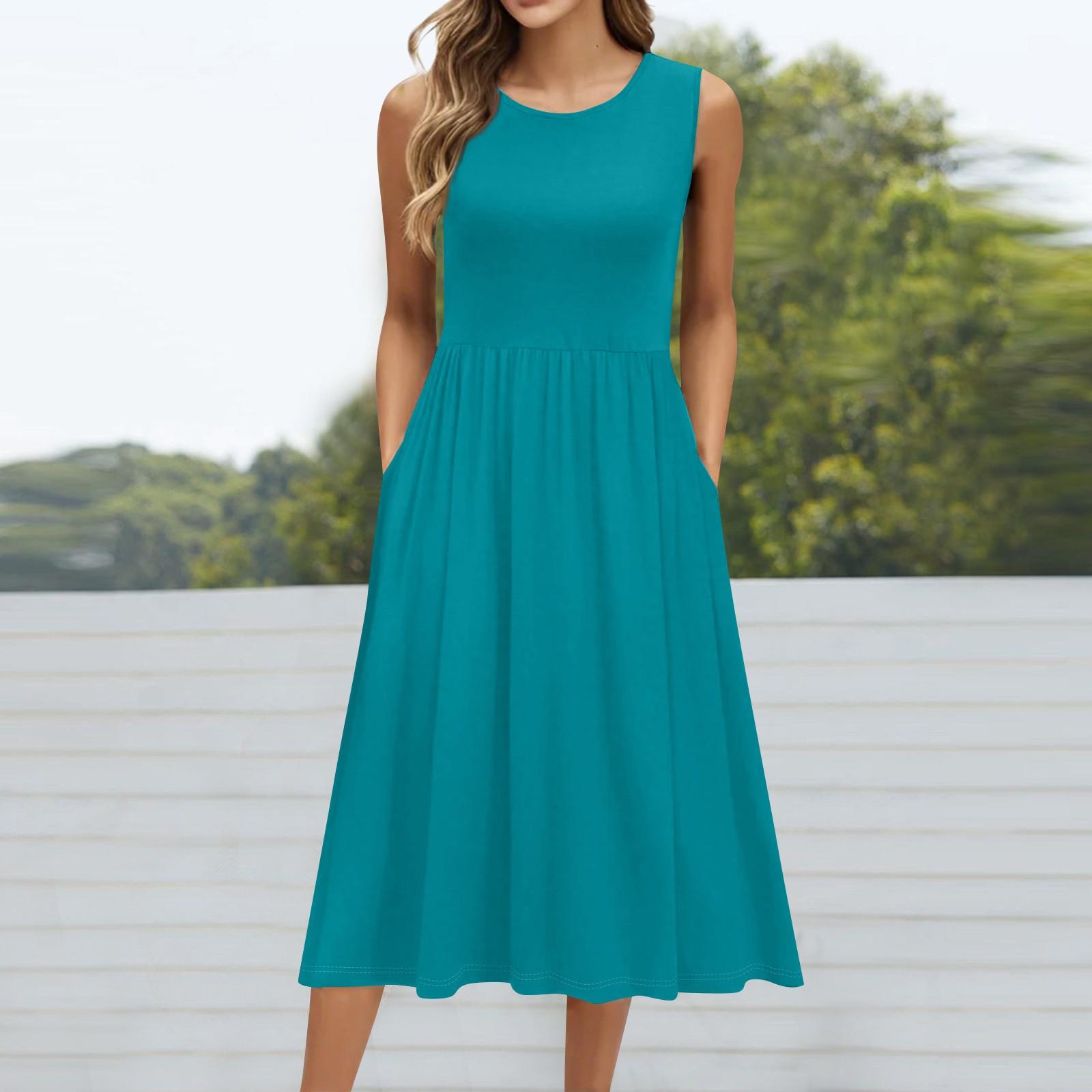 

Женское модное однотонное платье без рукавов с круглым вырезом и карманом средней длины XXL синий