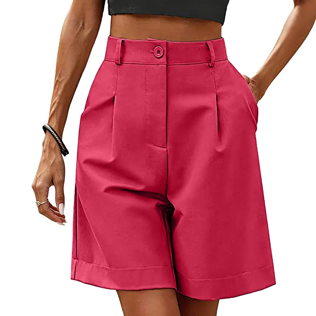 High Waist Casual Women's Shorts with Button Closure and Pockets Relaxed Fit Mid-Thigh Length Summer Bottoms for Everyday Wear