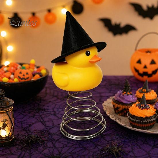 Cute Duck Ornament Halloween Tree Topper, Small Witch Topper with Trick Or Treat Metal Spring Base for Gothic Home Decor, Holiday Party Supplies