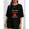 Crewneck T Shirt White Strawberry Heart Print And Text Summer Casual Wear