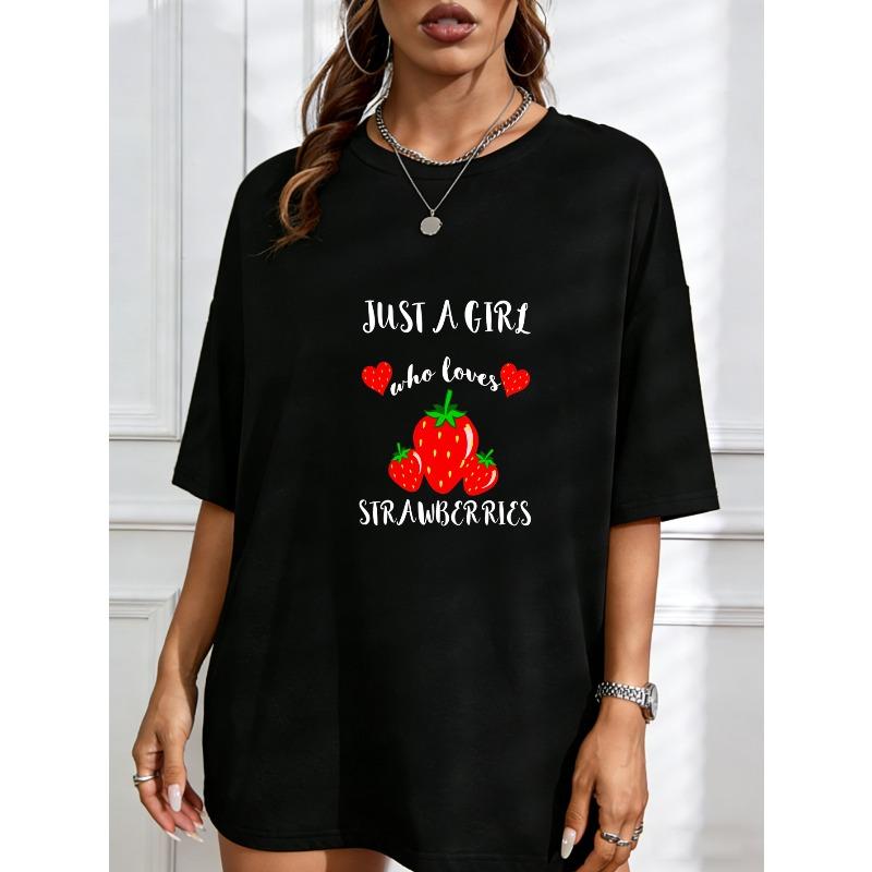 

Crewneck T Shirt White Strawberry Heart Print And Text Summer Casual Wear S чёрный