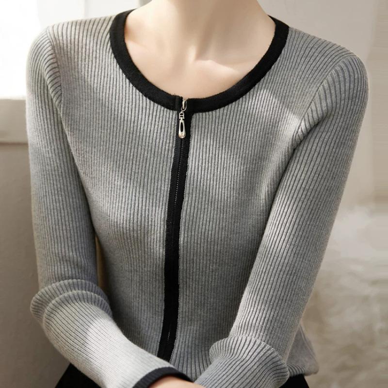 

New retro lazy style slim-fitting contrasting color edge round neck casual zipper knitted cardigan one size fits all серый