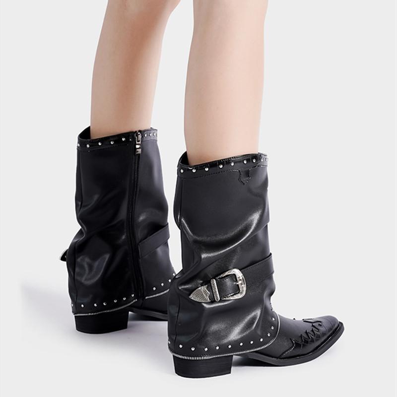 Fashion Vintage Strap Buckle Rivets Chains Patent Leather Women Ankle Boots Autumn Winter High heels Tube Motorcycle Punk Boots Shoes