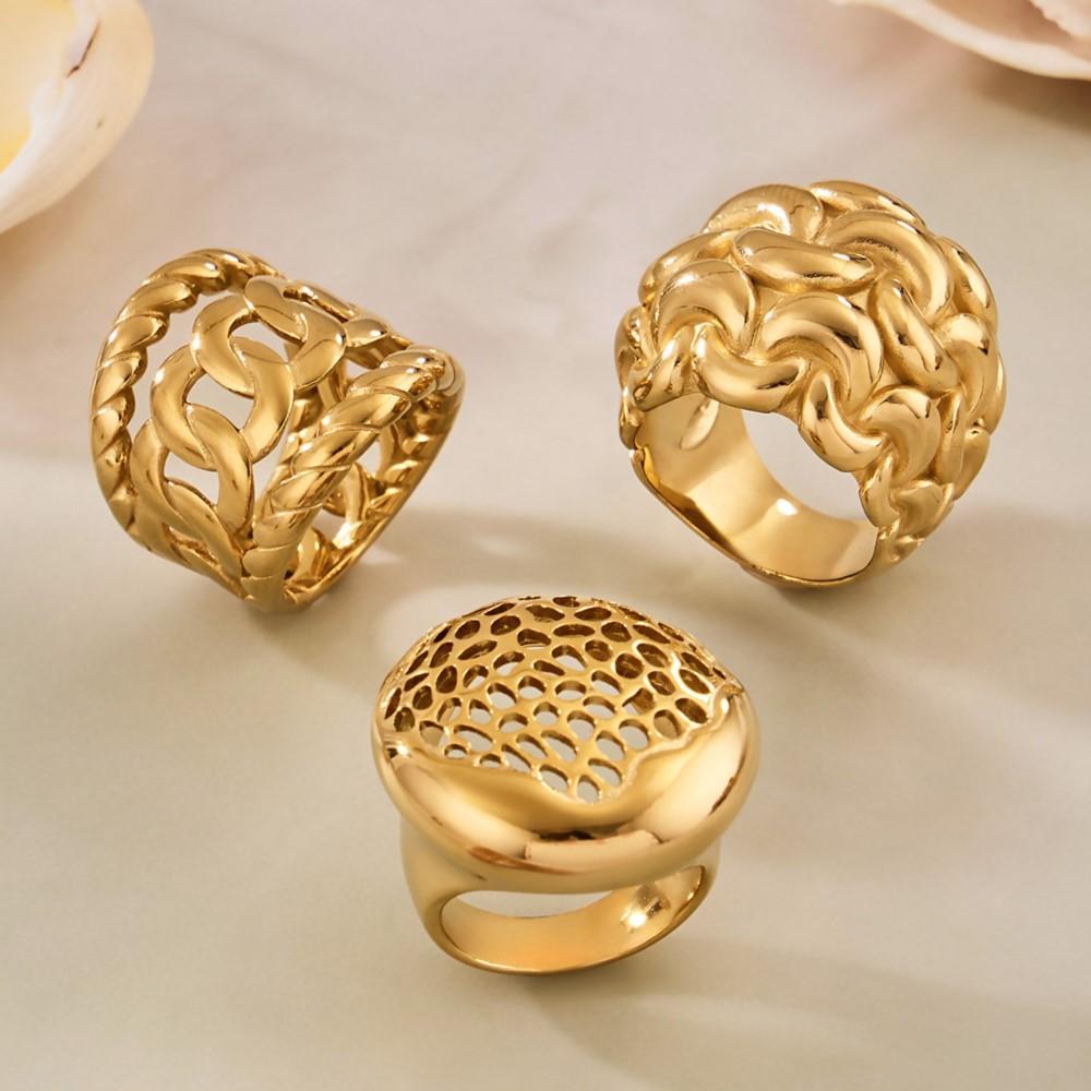 Vintage Hollow Stainless Steel Rings for Women Gold Plated Interwoven Textured Chunky Ring Statement Bold Keeper Rings