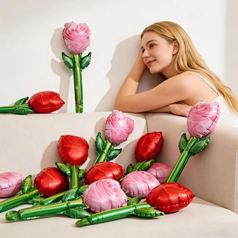 Mini Rose Flower Balloons Simulated Rose Aluminum Film Rose Shaped Balloons Handheld Bouquet Valentines Day Balloon