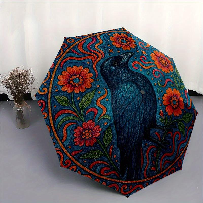 Bunter Floraler Rabe Kunst Druck: Lebendiger Naturdesign-Schirm, Tragbarer 3-fach Kompakt-Schirm für Damen & Herren R140