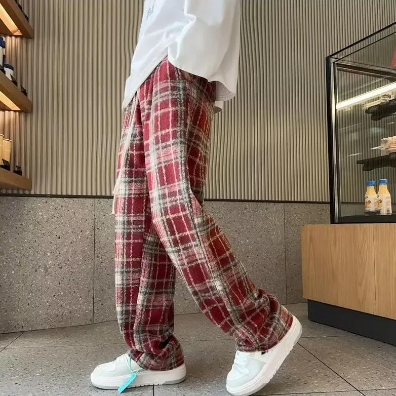 Woolen Fleece Lined Plaid Pants High Waisted Classic Vintage Black Casual Straight Leg Pants Slimming Bell Bottoms For Men Women