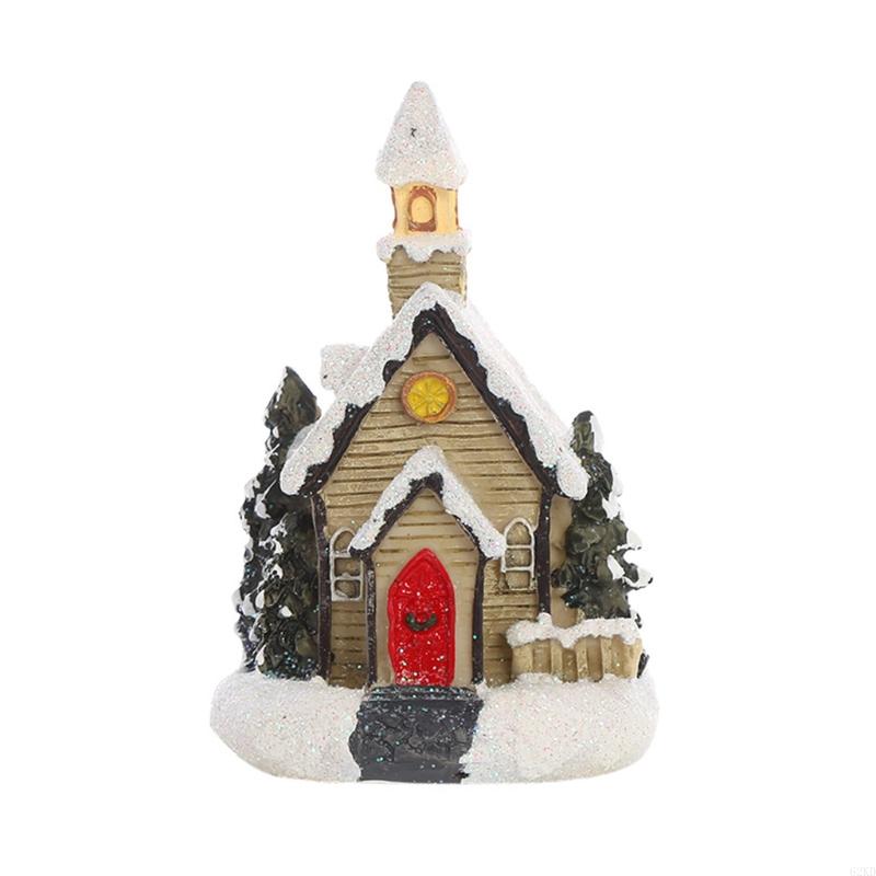 62KD Christmas LED Lighted Miniature Snow House Resin Ornament Village Scene Battery Operated Luminous Figurine Xmas Decor