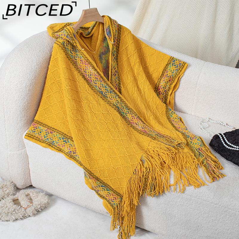 BITCED Fall/Winter Ethnic-Style Knit Hooded Fringe Cape Sweater Shawl Women's Outerwear