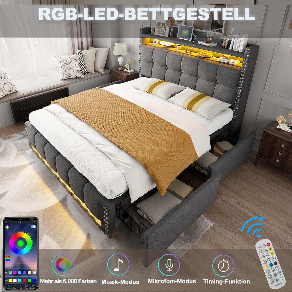 Upholstered Bed 160*200 Cm with LED Lighting USB Socket, Headboard with Shelves and Storage Space with 4 Drawers, Double Bed for Adults, Linen Grey