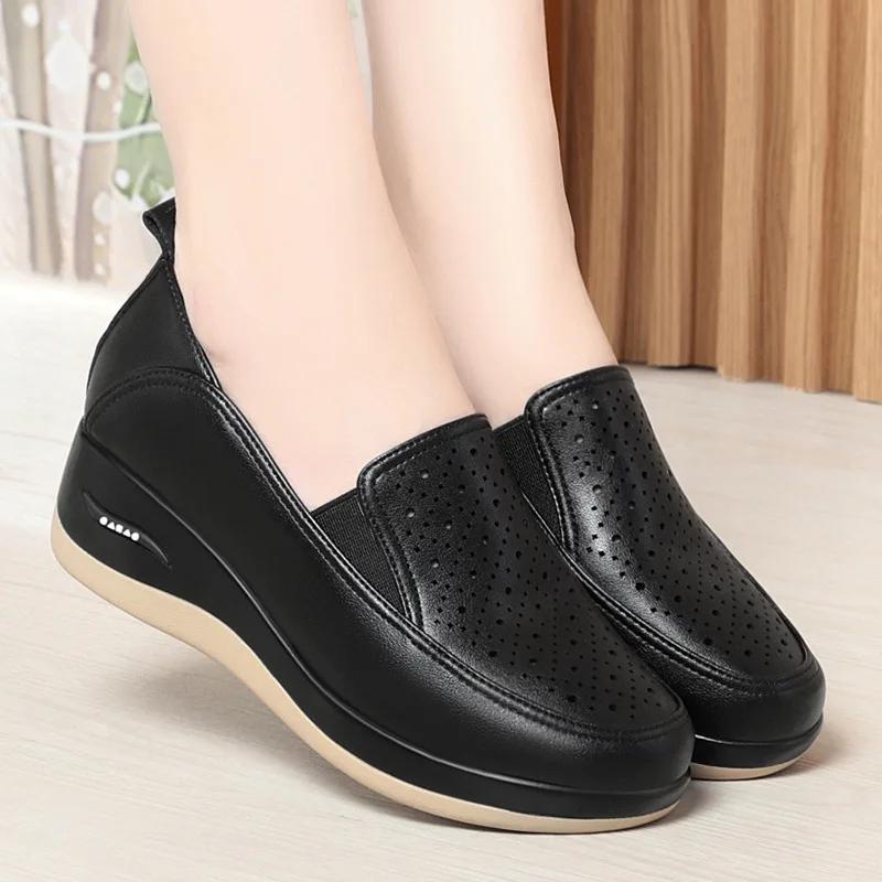 4.5cm Breathable Comfortable Shallow Cutout Soft Leather Shoes Women Loafers 2025 Summer Platform Wedges Shoes for Office Mom