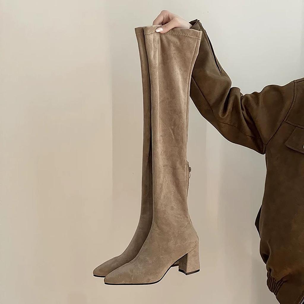 Pointed high-heeled knee boots New thick-heeled elastic thin boots Skinny boots