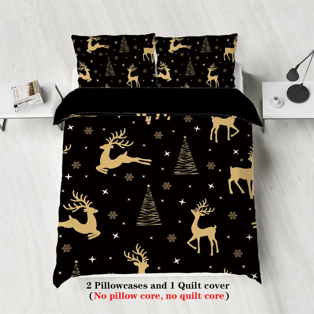 3-piece Christmas themed reindeer pattern print (1 duvet cover+2 pillowcases, no core) soft bedding set