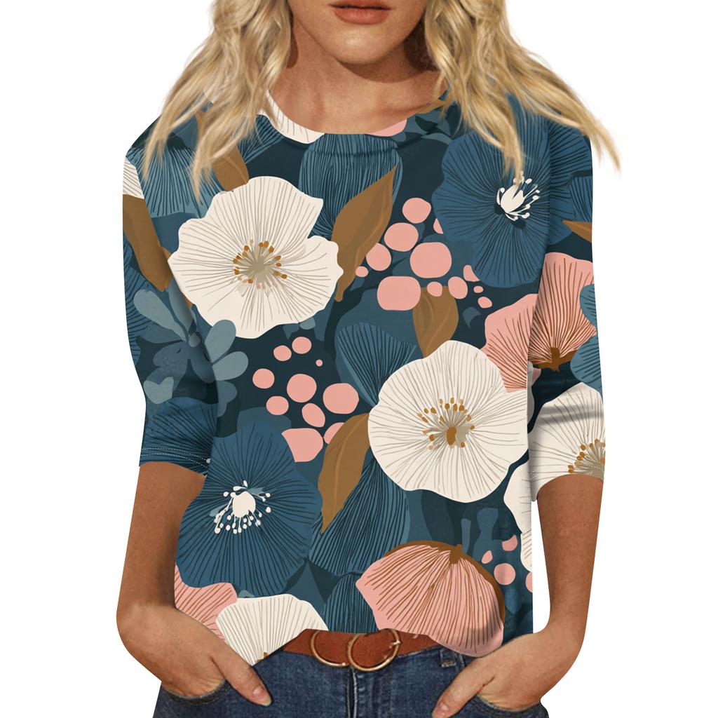 Women's Fashion Casual Round Neck Three-quarter Sleeve Retro Floral Print T-shirt Top