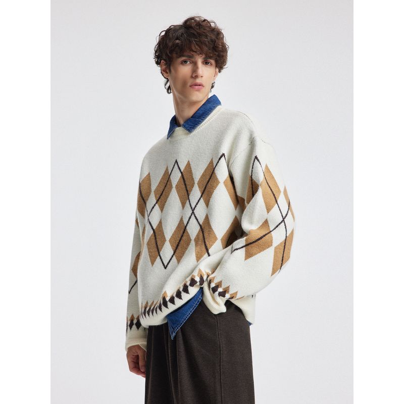 Bodydream Nordic Fair Isle Sweater for Men, Diamond Pattern Knitwear, Color-Blocked Knit Top/Round Neck Wave Craft