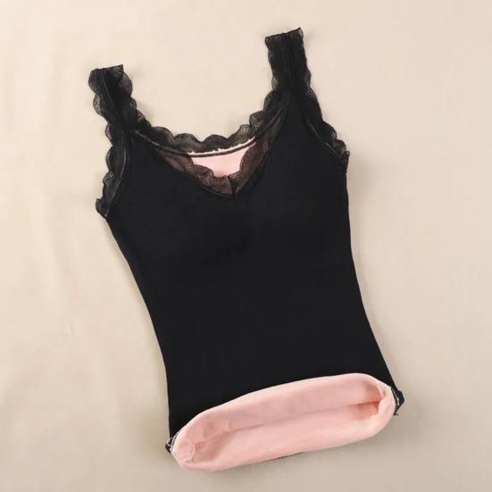 Women's Thermal Tank Top Lace Trim Sleeveless Camisole Shirts Fleece Lined V Neck Warm Base Layer Cami Underwear Tops with Built-in Bra