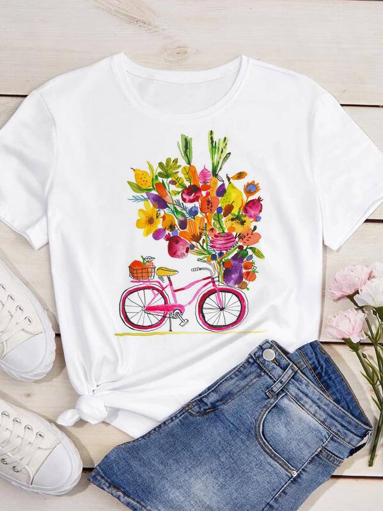 Maycaur Women Fashion Casual Tops Flower Bicycle Print TShirt Women T Shirt O Neck Short Sleeve Tees Summer Women Tshirts