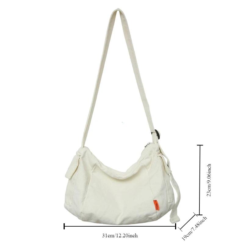 Female Canvas Fabric Hobo Soft Slouchy Shoulder Bag Y2K Student Leisure Medium Size School Book Laptop Pouch Messenger Side Bag