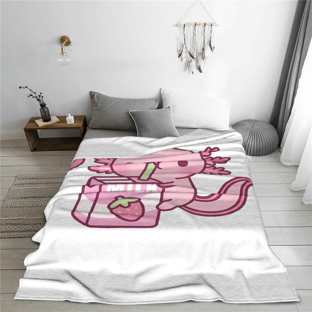 Cute Axolotl Loves Strawberry Milk Doodle Blankets Soft Warm Flannel Throw Blanket Cover for Bed Living room Picnic Travel Home