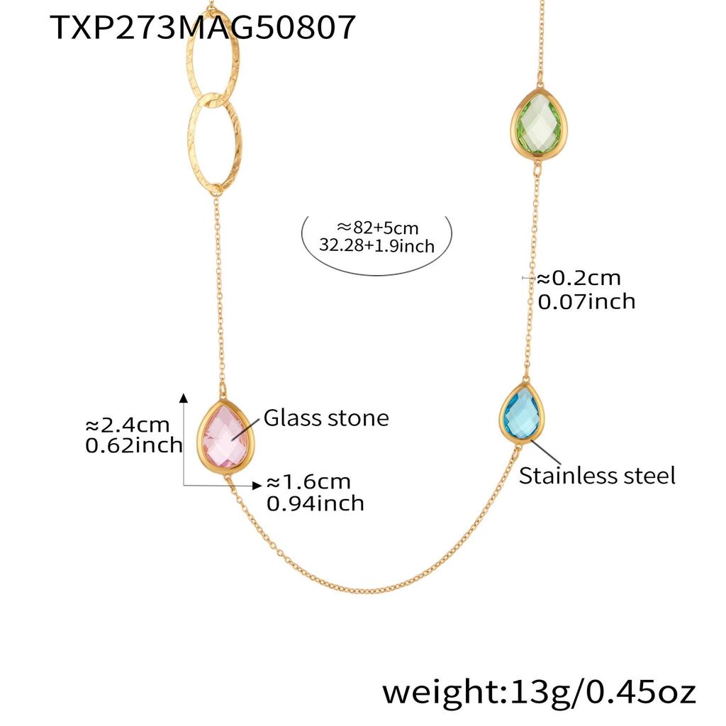 European & American Water Drop Glass Stone Long Sweater Necklace with Hollow Round Ring in Non-Fading Titanium Steel
