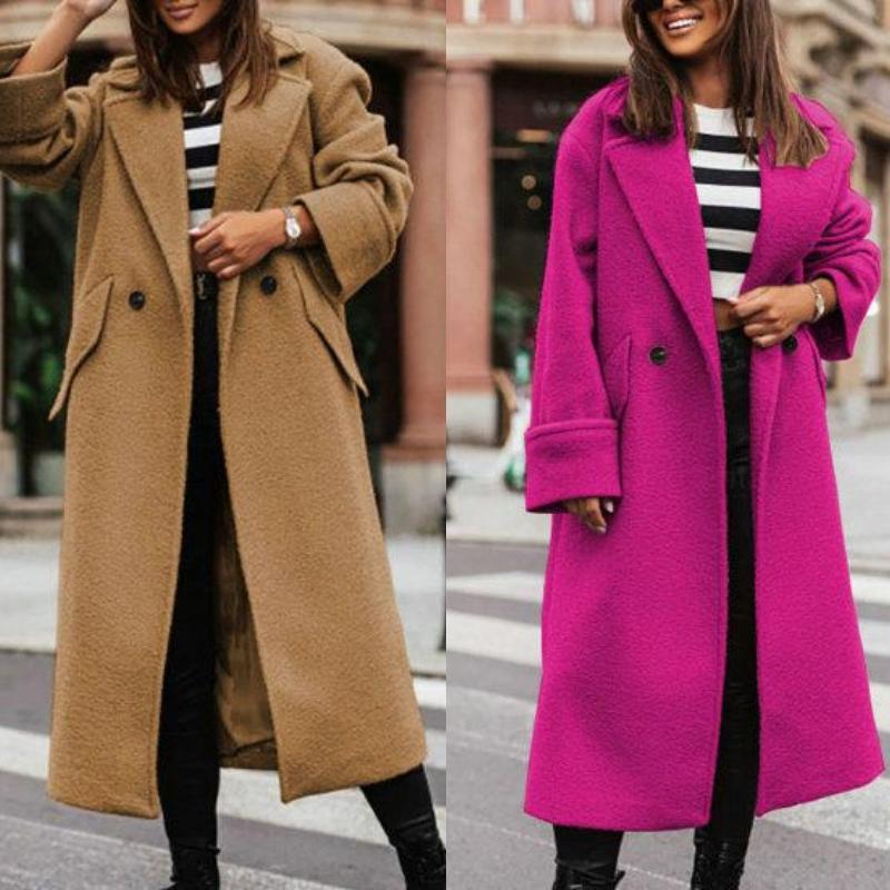 

Женское свободное длинное стильное однотонное толстое теплое ветрозащитное пальто с двойными пуговицами и длинными рукавами, женское пальто, верхняя одежда S фиолетовый