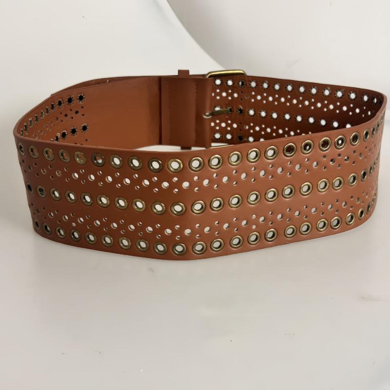 1pcs Punk Studded Wide Belt with Grommets Hollow Design PU Alloy Goth Rave Hip Hop Belt Unisex Heavy Duty Waist Chain Accessory